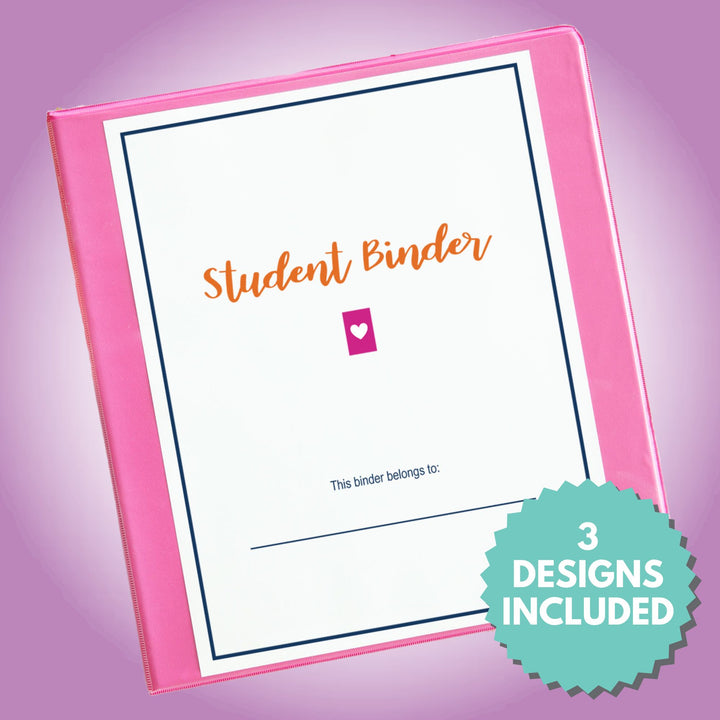 Student Binder Printables Cover on a Pink 3-Ring Binder, 3 Designs Included
