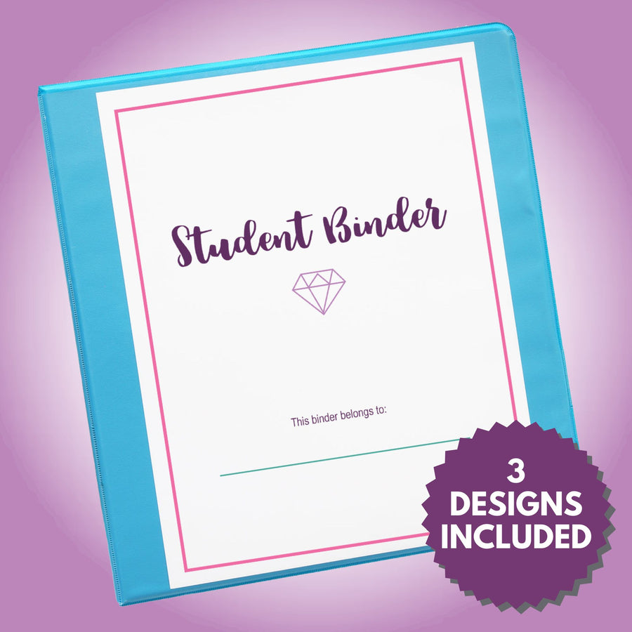 Student Binder Printables Cover on a Teal 3-Ring Binder, 3 Designs Included