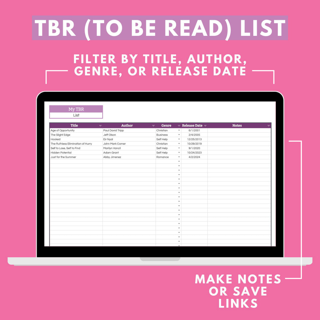 Reading Tracker Spreadsheet for Google Sheets, Create a reading log, track your TBR list, and see an overview of the books you've read at a glance with a beautiful and insightful dashboard. To Be Read List includes book title, author, book genre, release date, and notes.