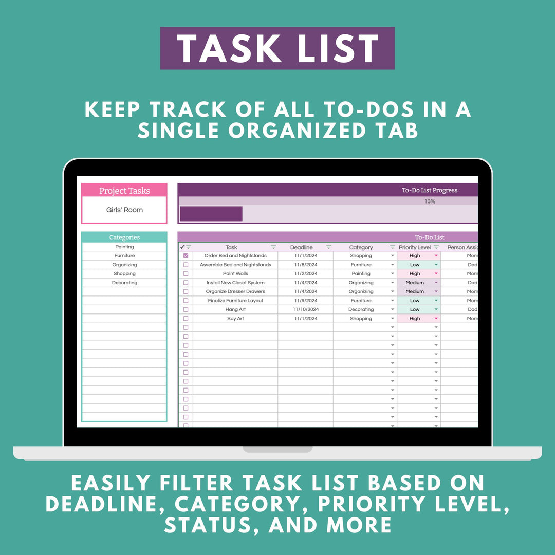 The graphic of a laptop screen features the Home Renovation Project Spreadsheet for Google Sheets by Abby Organizes, showcasing an interface similar to an organizing challenge spreadsheet. The screen is filled with neatly arranged columns for tasks, deadlines, categories, and priorities. At the top, it reads, "Effortlessly Track All To-Dos in One Streamlined Tab.