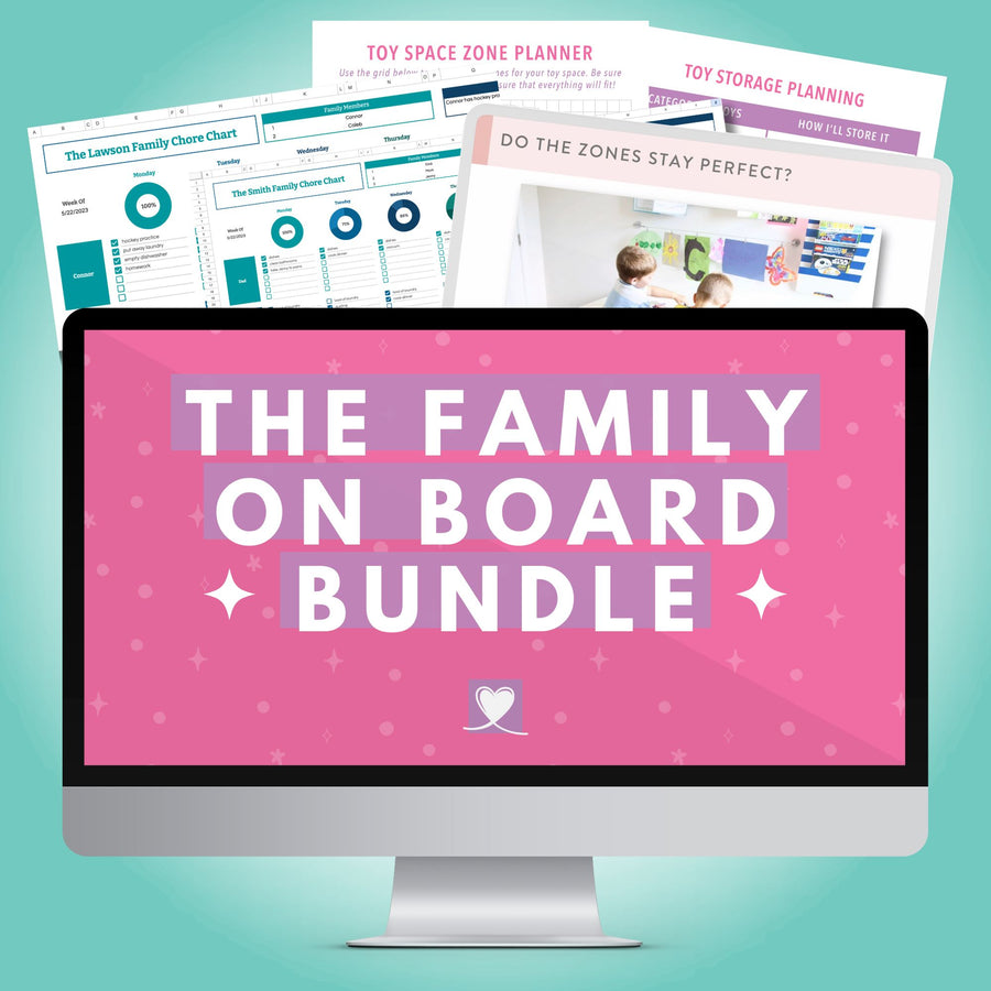 The Family On Board Bundle, includes the Family Chore Chart Spreadsheet for Google Sheets and the Smart Toy Organization workshop