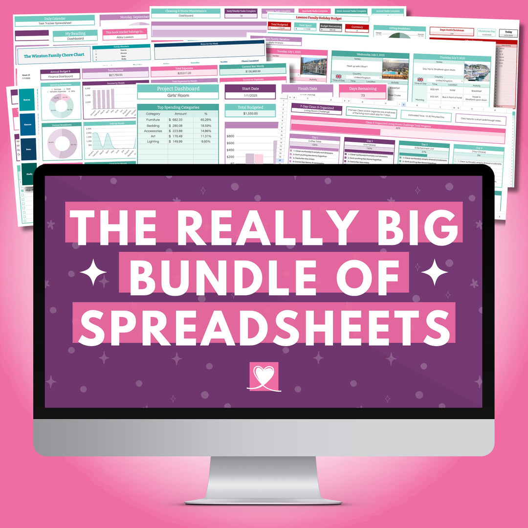 A computer monitor shows "The Really Big Bundle of Spreadsheets" by Abby Organizes on a purple background, with vibrant Google Sheets finance dashboard bundle pages displayed above on a pink backdrop.
