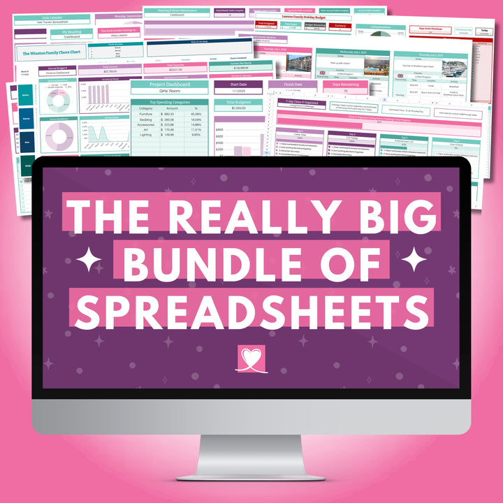 A computer monitor shows "The Really Big Bundle of Spreadsheets" by Abby Organizes on a purple background, with vibrant Google Sheets finance dashboard bundle pages displayed above on a pink backdrop.