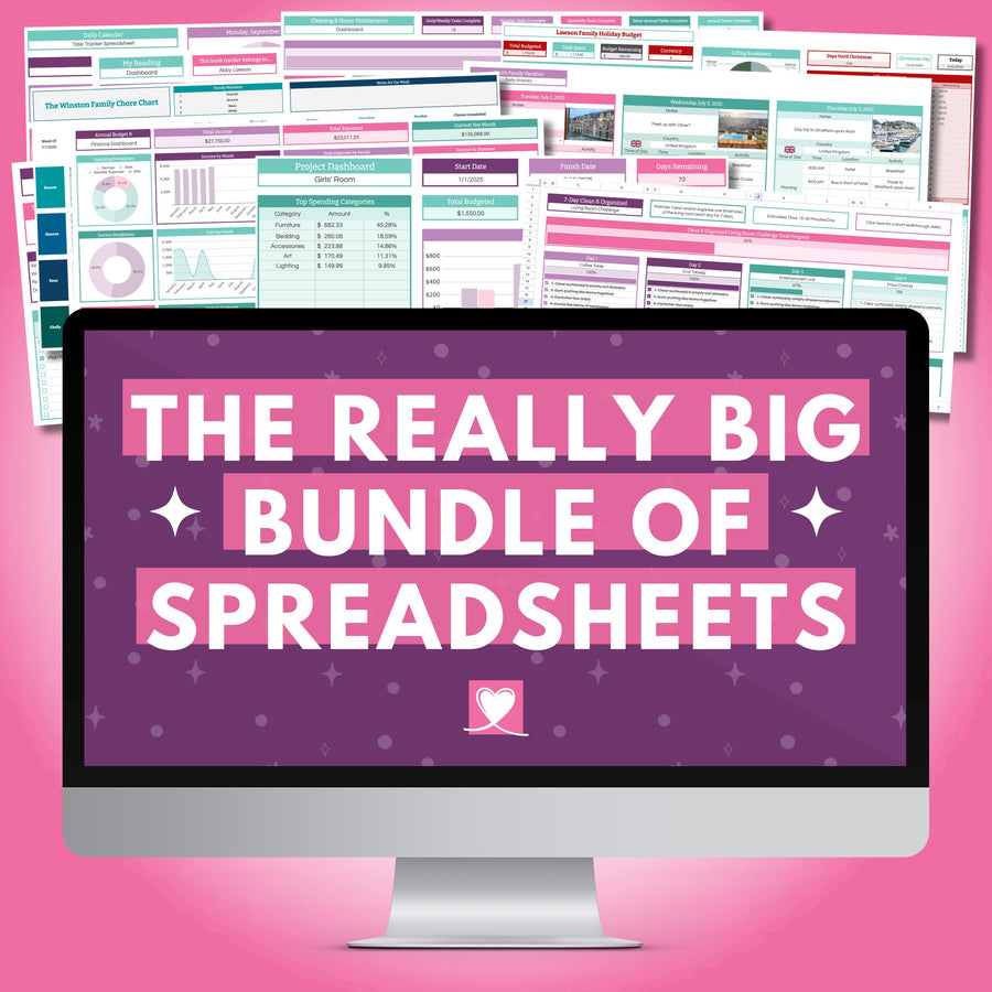 A computer monitor shows "The Really Big Bundle of Spreadsheets" by Abby Organizes on a purple background, with vibrant Google Sheets finance dashboard bundle pages displayed above on a pink backdrop.