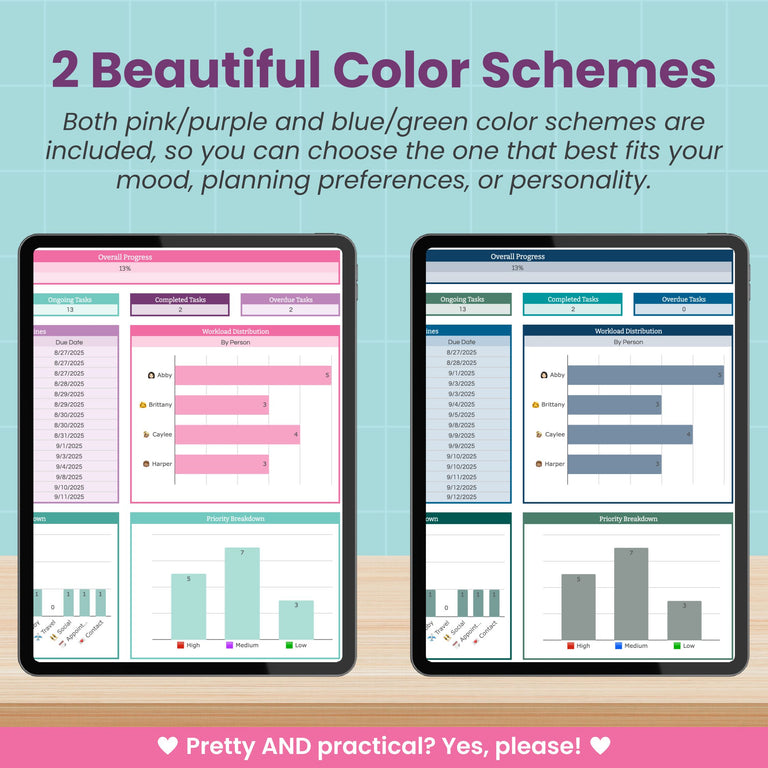 Two tablets show the Abby Organizes Task Tracker and To-Do List Spreadsheet for Google Sheets—one in pink/purple, one in blue/green—with charts, habit trackers, and lists. Two color schemes are perfect for organizing tasks and habits.