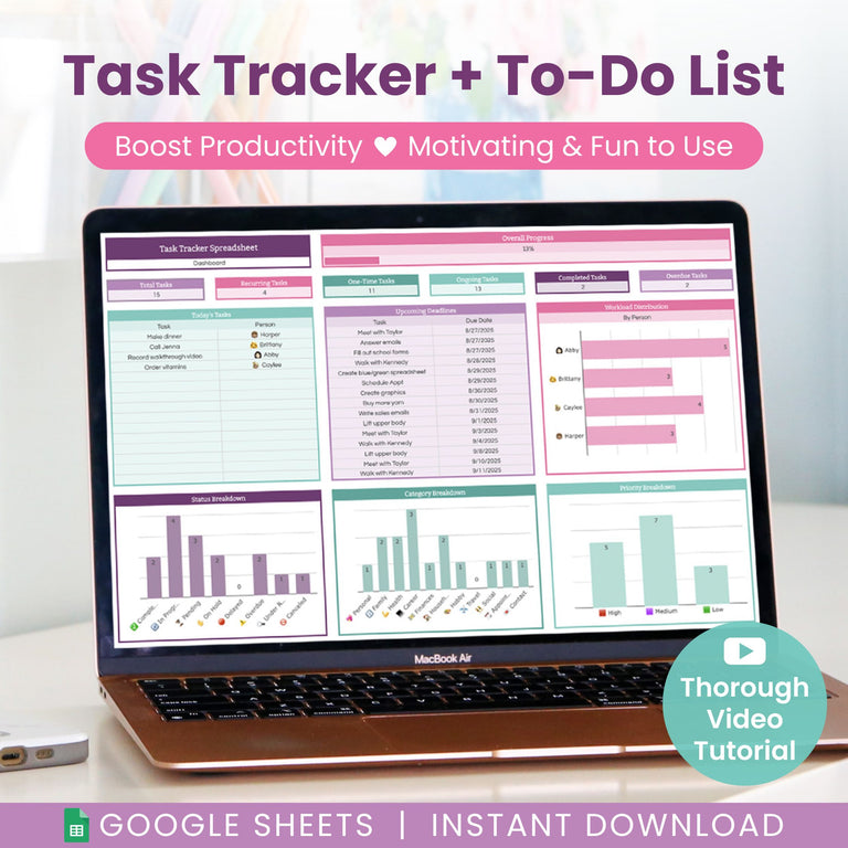 A MacBook displays Abby Organizes’ Task Tracker and To-Do List Spreadsheet for Google Sheets, featuring a colorful habit tracker, “Boost Productivity,” “Motivating & Fun to Use,” a thorough video tutorial, and instant download.