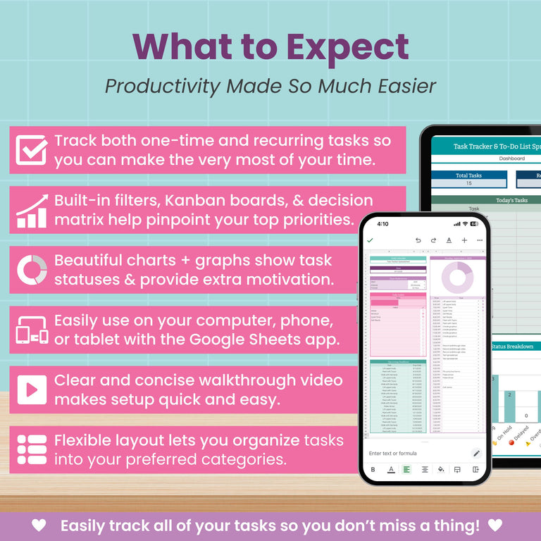 Infographic titled “What to Expect: Productivity Made So Much Easier” highlights Abby Organizes’ Task Tracker and To-Do List Spreadsheet for Google Sheets, featuring pink checkboxes, icons, a phone with a colorful habit tracker, and a desktop in the background.