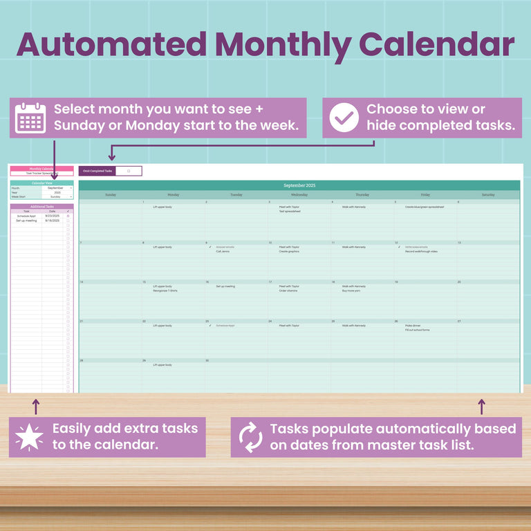 The Abby Organizes Task Tracker and To-Do List Spreadsheet for Google Sheets features a monthly calendar, integrated habit tracker, month and week start selection, task viewing/adding, auto-populated tasks from a master list, and instructional highlights.