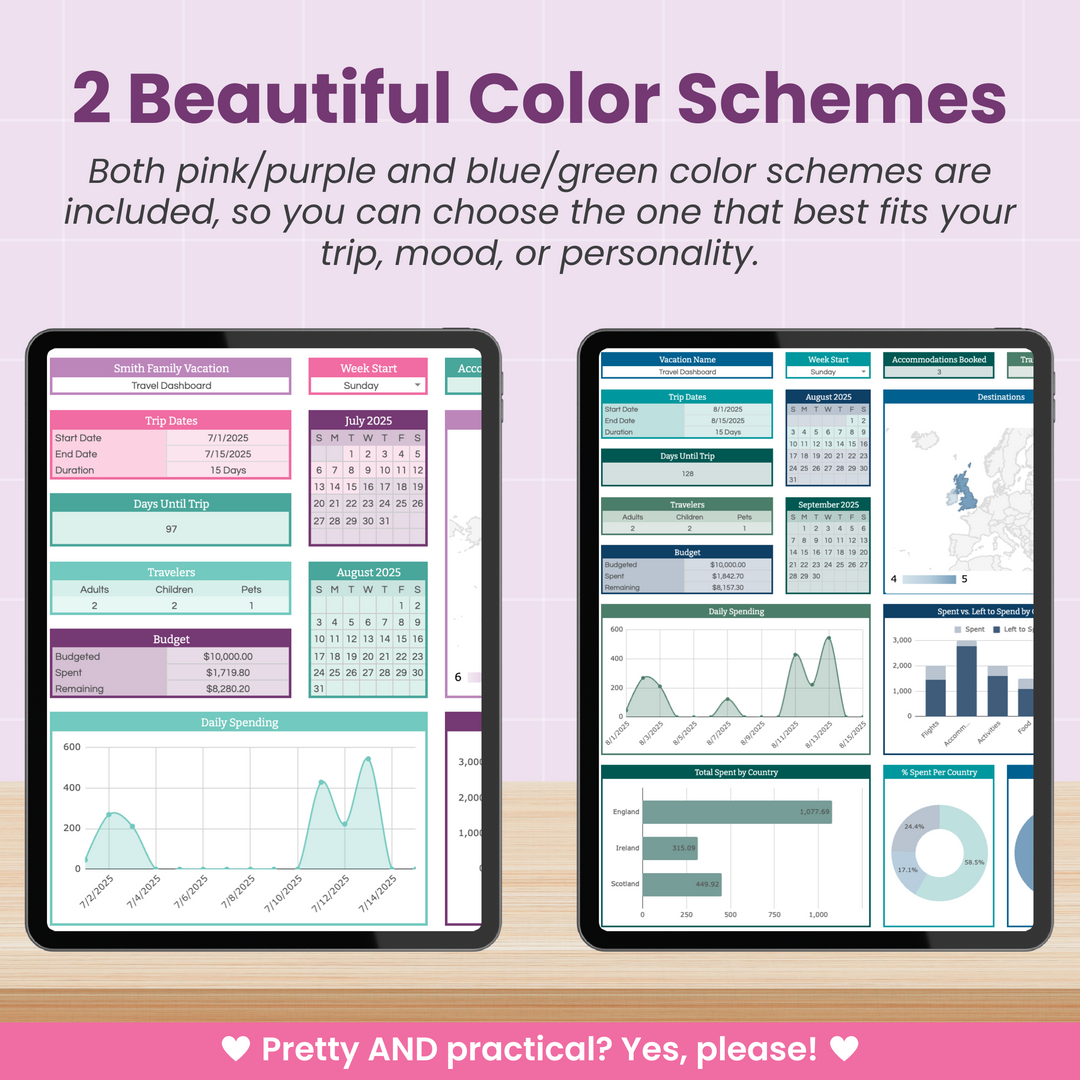 Two tablets display a travel dashboard template in two color schemes: one in pink and purple tones, the other in blue and green. Text above highlights color options; below reads, "Pretty AND practical? Yes, please!" on a pink banner.