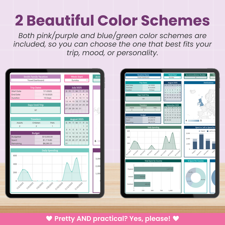 Two tablets display a travel dashboard template in two color schemes: one in pink and purple tones, the other in blue and green. Text above highlights color options; below reads, "Pretty AND practical? Yes, please!" on a pink banner.