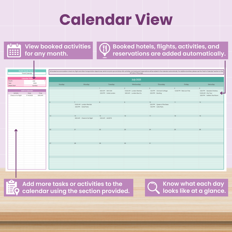 A digital calendar view with labeled sections: a left panel for adding activities, a main monthly calendar view, and icons indicating automatic addition of bookings and easy at-a-glance organization.