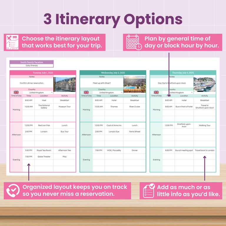 The Travel and Vacation Planning Spreadsheet includes 3 itinerary option to help you organize and plan each day of your trip in detail.