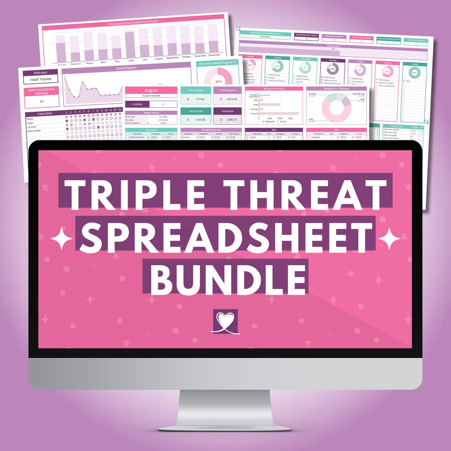 Triple Threat Spreadsheet Bundle, includes the Monthly Budget Spreadsheet, Cleaning and Home Maintenance Spreadsheet, and Habit Tracker Spreadsheet for Google Sheets