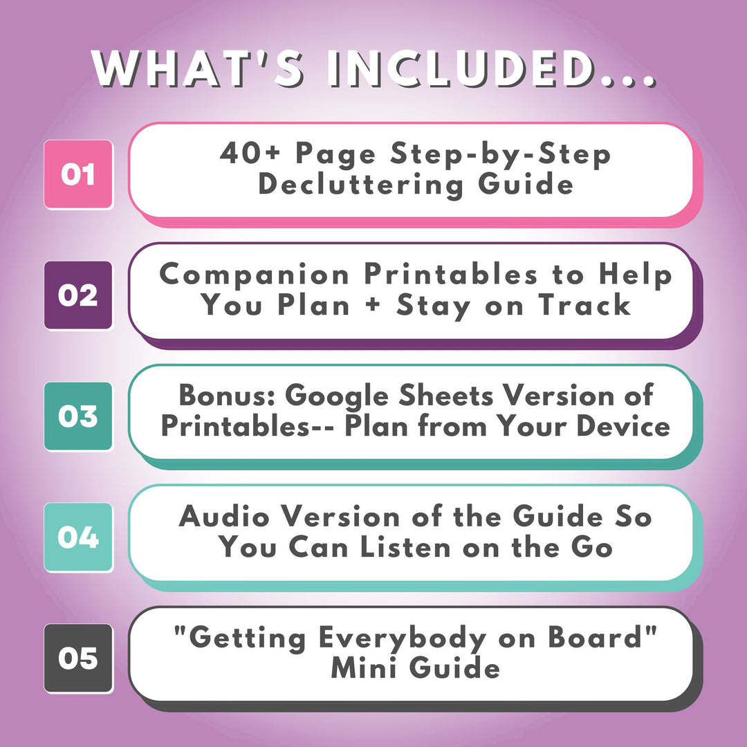 A purple background features the Abby Organizes Deluxe Declutter Your House in a Weekend Package, including a 40+ page guide, printables, Google Sheets and audio versions, plus the "Getting Everybody on Board" mini guide. 