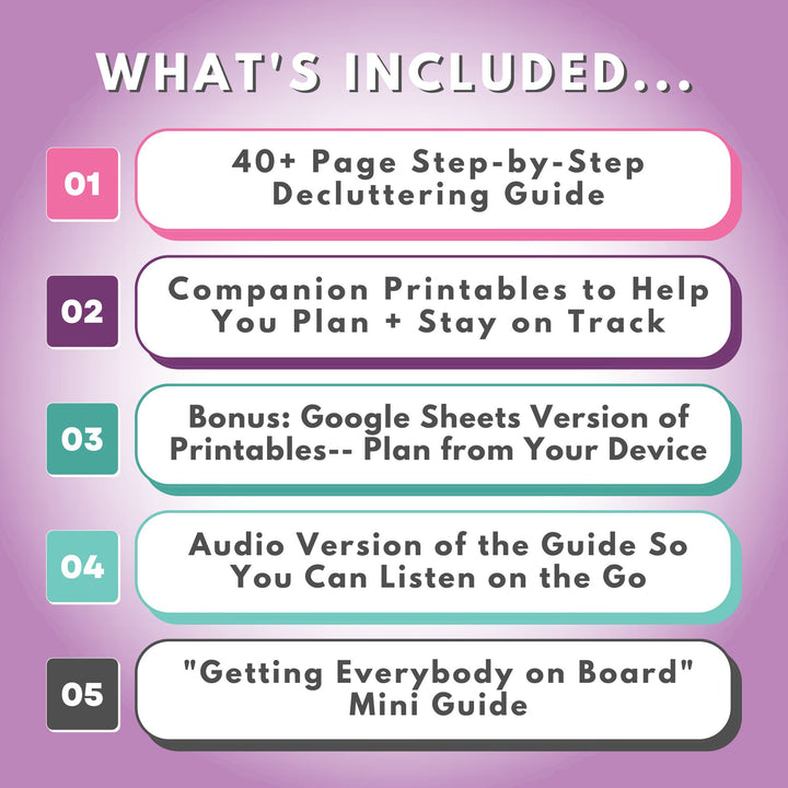 A purple background features the Abby Organizes Deluxe Declutter Your House in a Weekend Package, including a 40+ page guide, printables, Google Sheets and audio versions, plus the "Getting Everybody on Board" mini guide. 