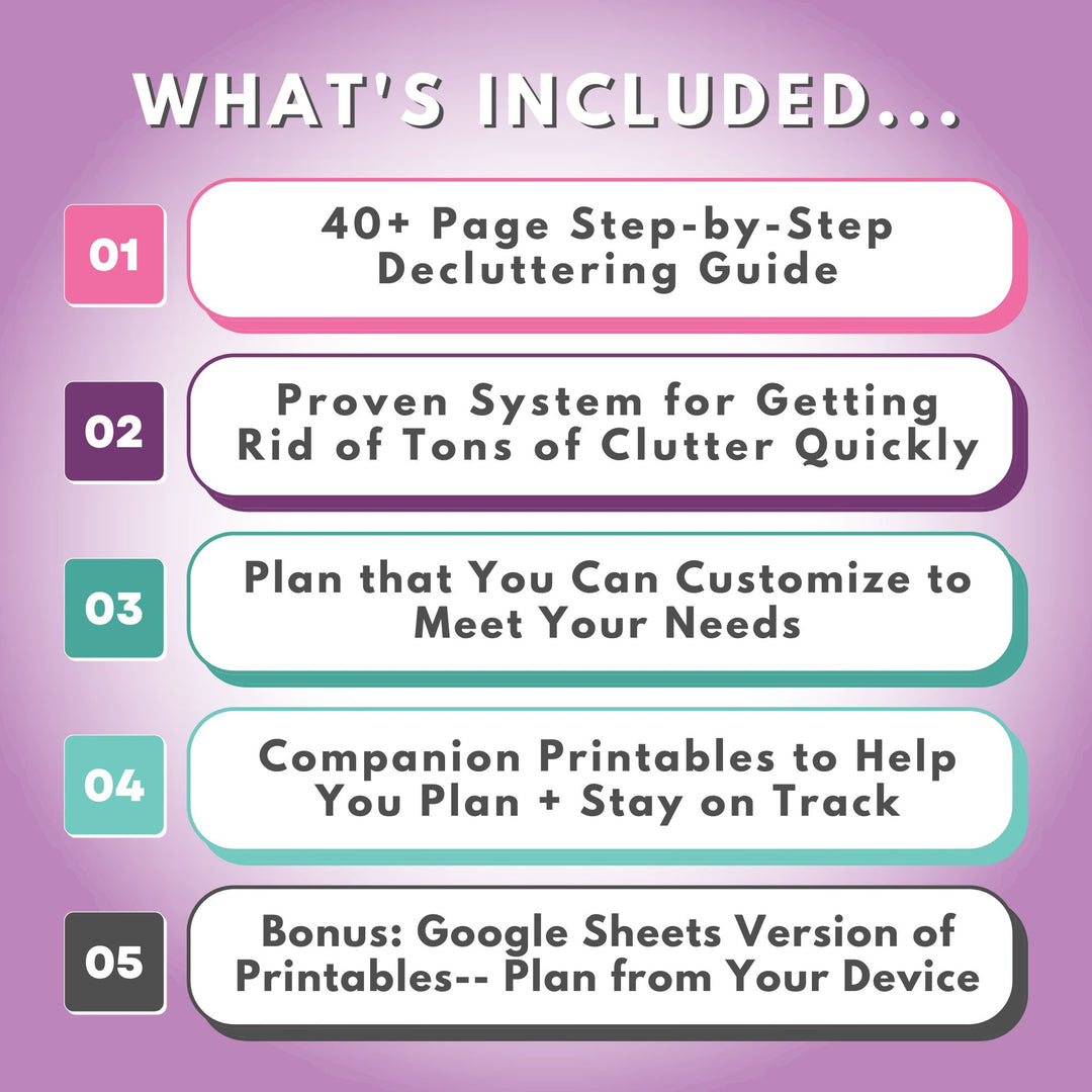 A purple graphic titled "What's Included" highlights five features: 1) 40+ Page Step-by-Step Decluttering Guide, 2) Quick Clutter Removal System, 3) Time Management Customizable Plan, 4) Companion Printables, and 5) Google Sheets Version of Printables from Abby Organizes' Declutter Your House in a Weekend Guide.
