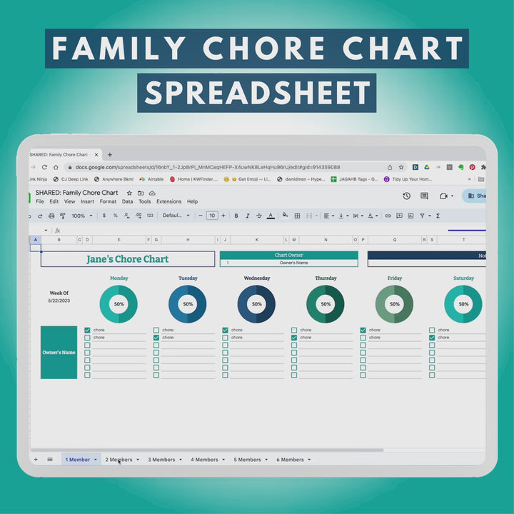 Family Chore Chart Spreadsheet to Keep Track of Each Family Member's Assigned Tasks