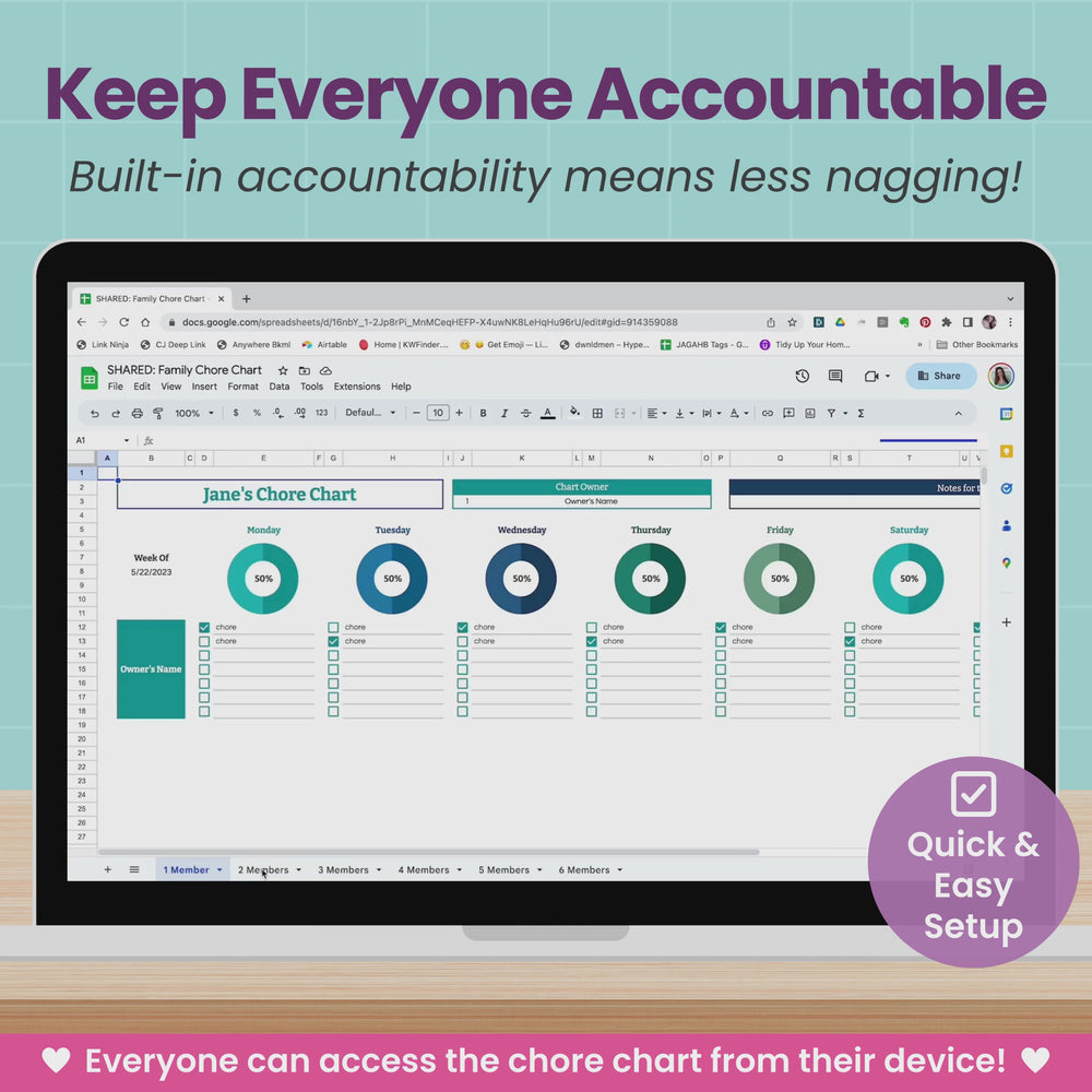 A laptop computer displays a short video of the Family Chore Chart Spreadsheet with beautiful charts and graphs to measure everybody's progress.