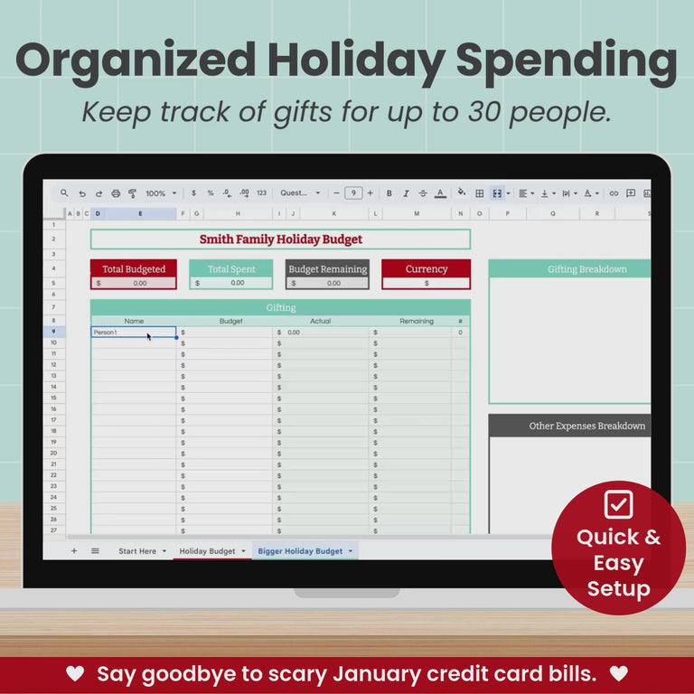 A quick video on a laptop computer shows the Holiday Budget Spreadsheet at work, entering budget amounts for each person on your gift list, inputting each gift when purchased, and showing spending breakdowns on beautiful charts and graphs.