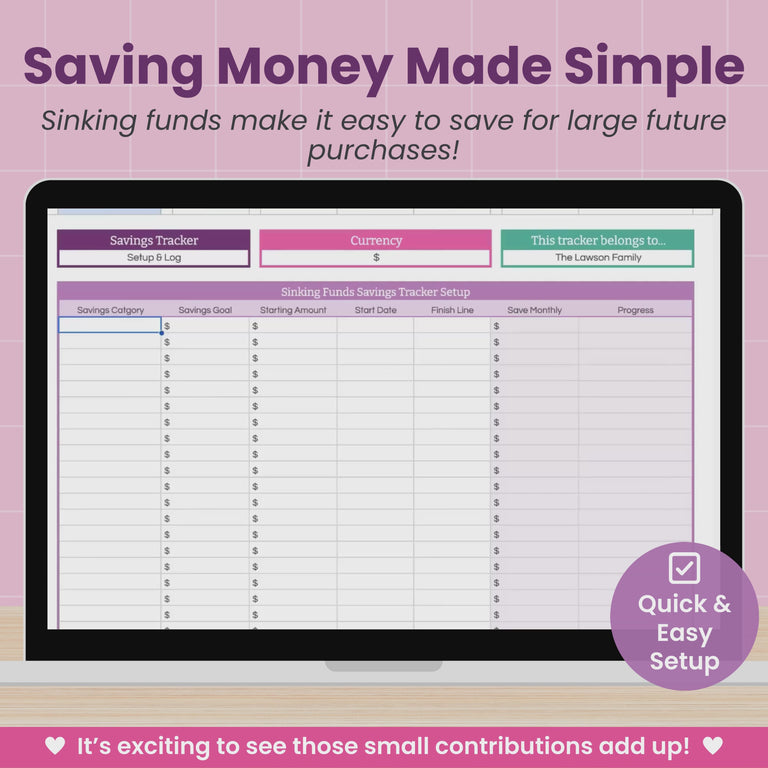 A short video displayed on a laptop computer shows the Sinking Funds / Savings Tracker Spreadsheet at work, inputting savings categories and watching progress on beautiful charts and graphs.