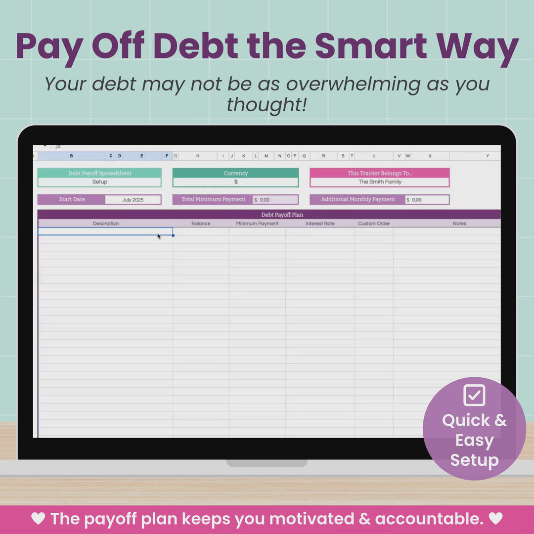 A laptop displays a debt payoff spreadsheet with charts and graphs. Text highlights “Debt Payoff Spreadsheet,” includes snowball and avalanche methods.
