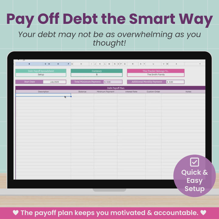 A laptop displays a debt payoff spreadsheet with charts and graphs. Text highlights “Debt Payoff Spreadsheet,” includes snowball and avalanche methods.