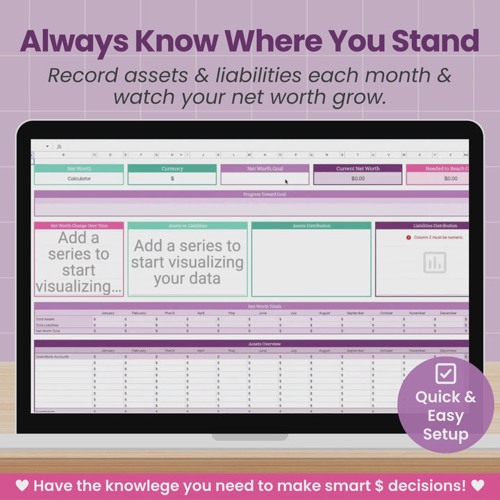 A laptop computer displays a quick video showing features of a Net Worth Calculator Spreadsheet from Abby Organizes