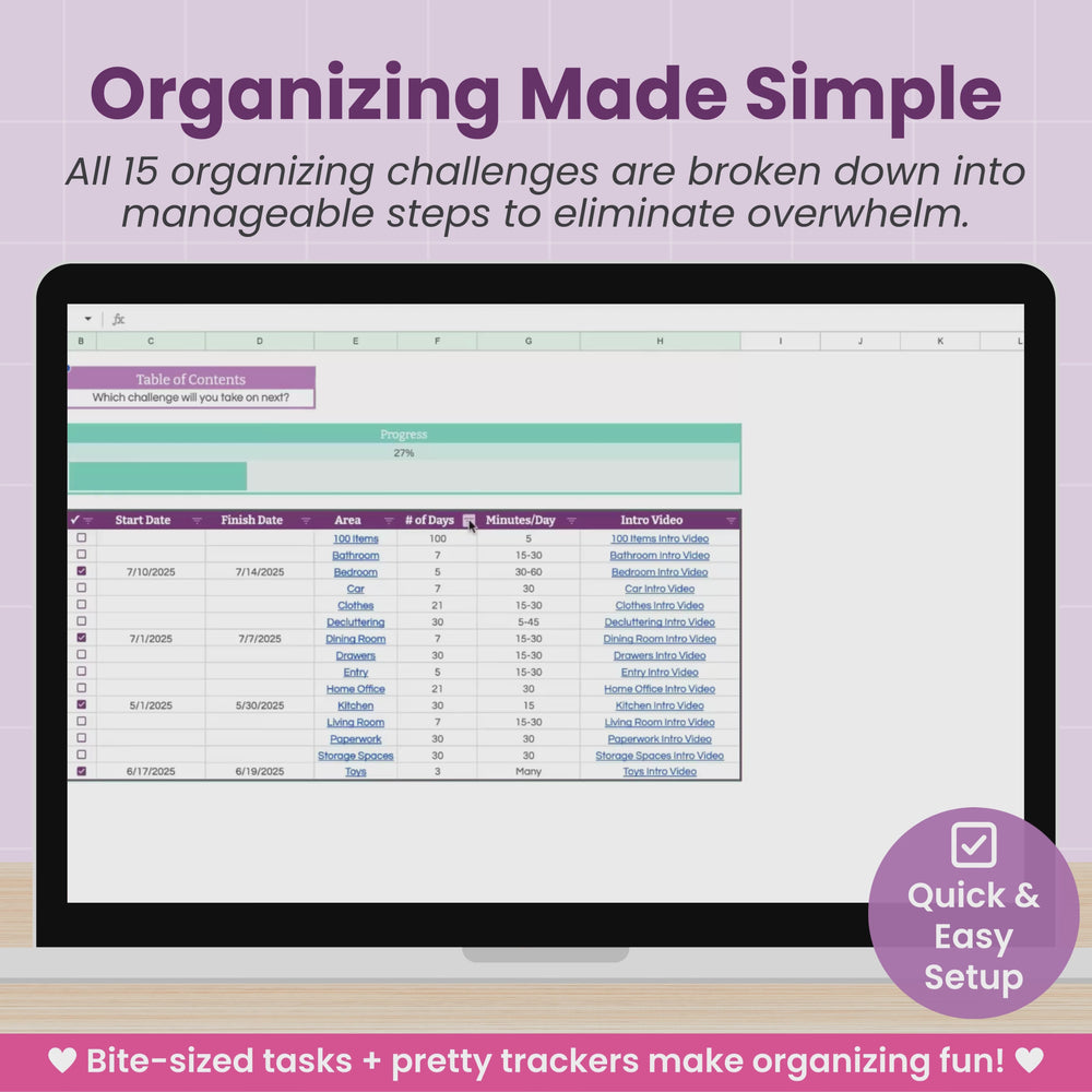 A laptop shows a video of the Organizing Challenge Spreadsheet, featuring 15 organizing challenges with beautiful charts and graphs to track tidying progress.