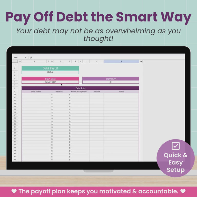 A laptop shows a video of the Debt Payoff Spreadsheet, which features both the Debt Snowball and Debt Avalanche Method of paying down debt.