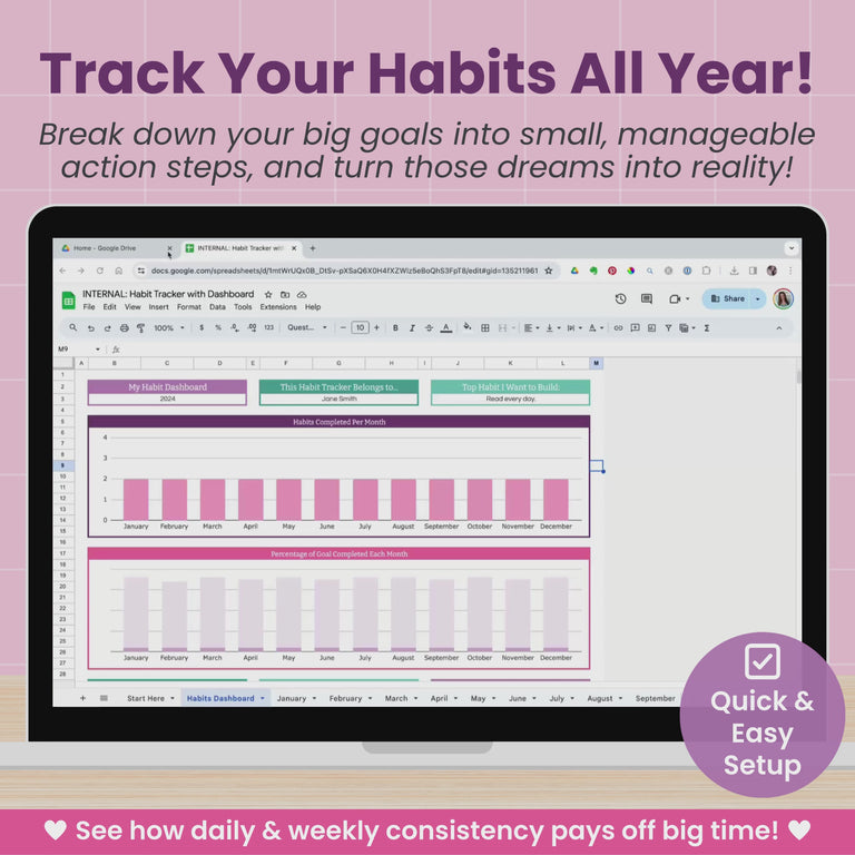 A laptop computer displays a short video of the Habit Tracker Spreadsheet for Google Sheets, featuring beautiful charts and graphs to keep users motivated.