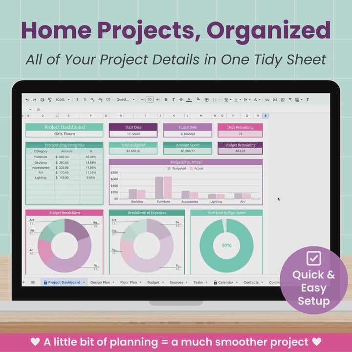A laptop computer displays a quick video of the Home Renovation Project worksheet, showing how you can use it to organize the details of upcoming house projects.