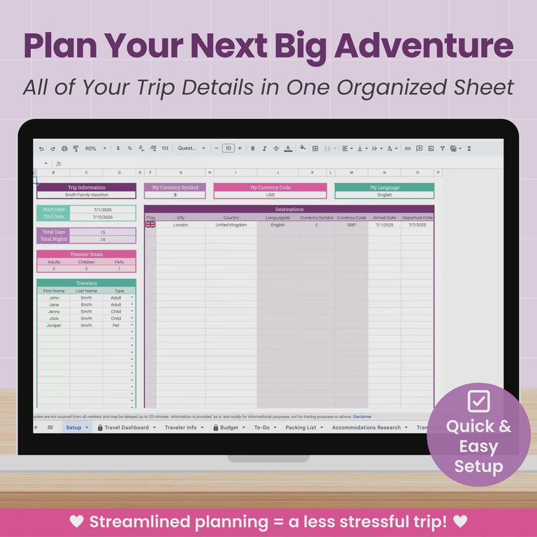 A laptop computer displays a quick video of the Travel and Vacation Planning Spreadsheet from Abby Organizes, show off its many beneficial features.