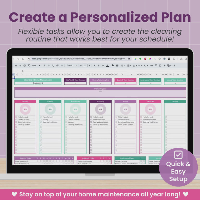 A quick video displayed on a laptop computer shows the Cleaning and Home Maintenance Spreadsheet at work, with defined chores for each day being checked off and charts and graphs measuring progress as each cleaning item is completed.